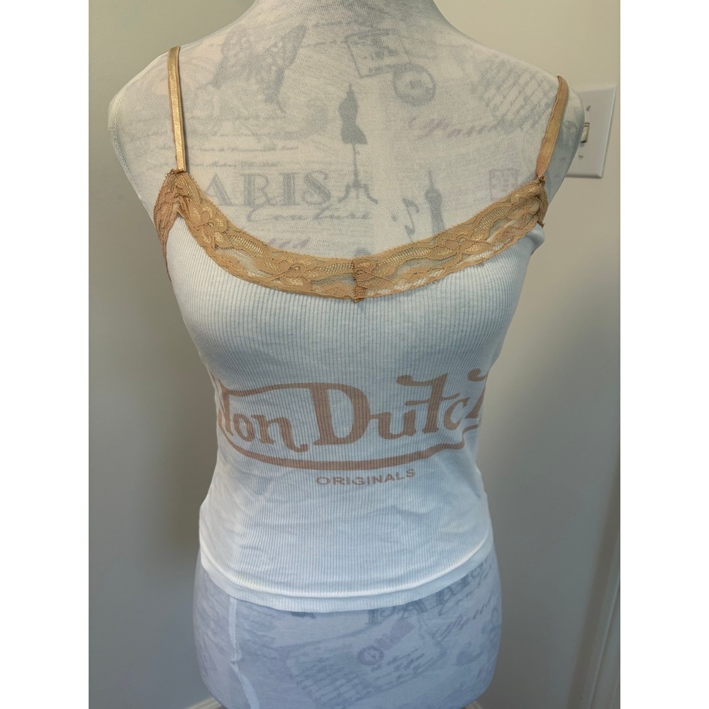 Von Dutch Camisole Women Small Y2K McBling Ribbed Lace Trim Metallic Straps Tank - Picture 2 of 7